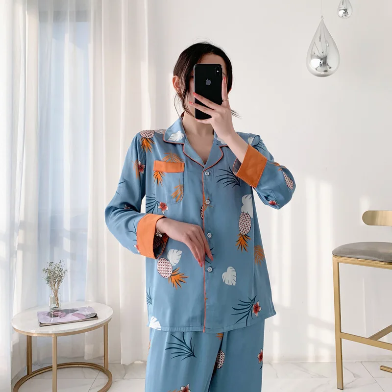 Long Sleeve Pajamas Autumn Long Sleeve Trousers Suit Pineapple Pyjama Set Large Size Two-piece Nightwear Home Service Sleepwear
