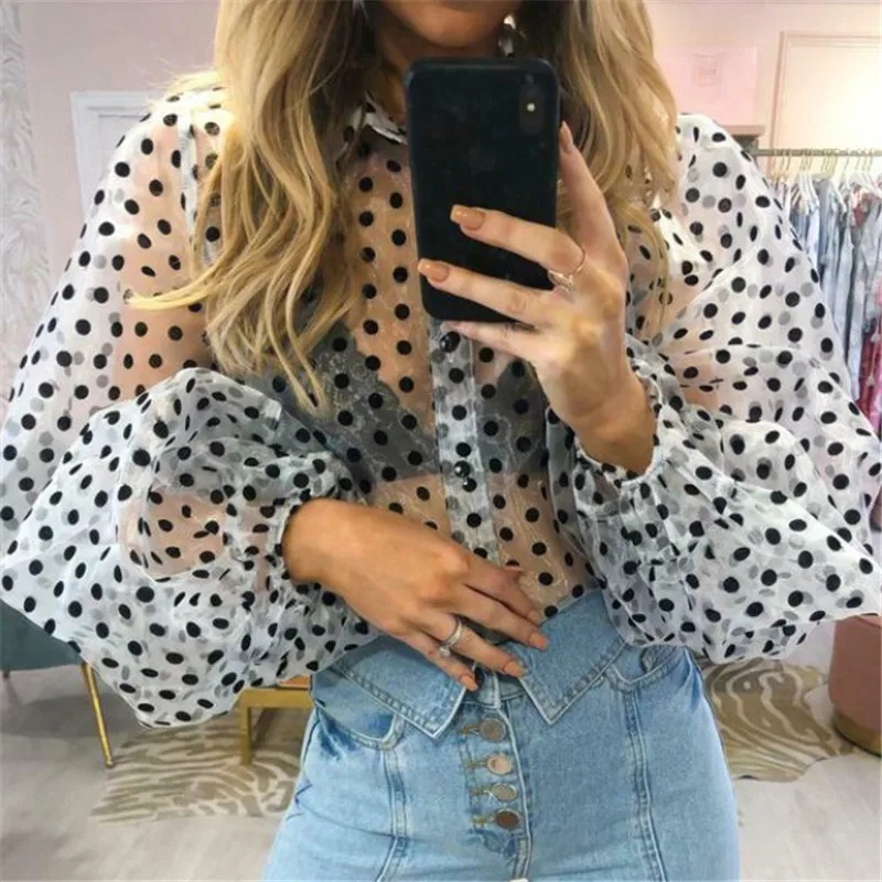 

Female Blusas New Women See through Sheer Mesh Retro Shirt Transparent Dot Elegant Shirt Lantern Sleeve Fashion Lady Blouse Tops