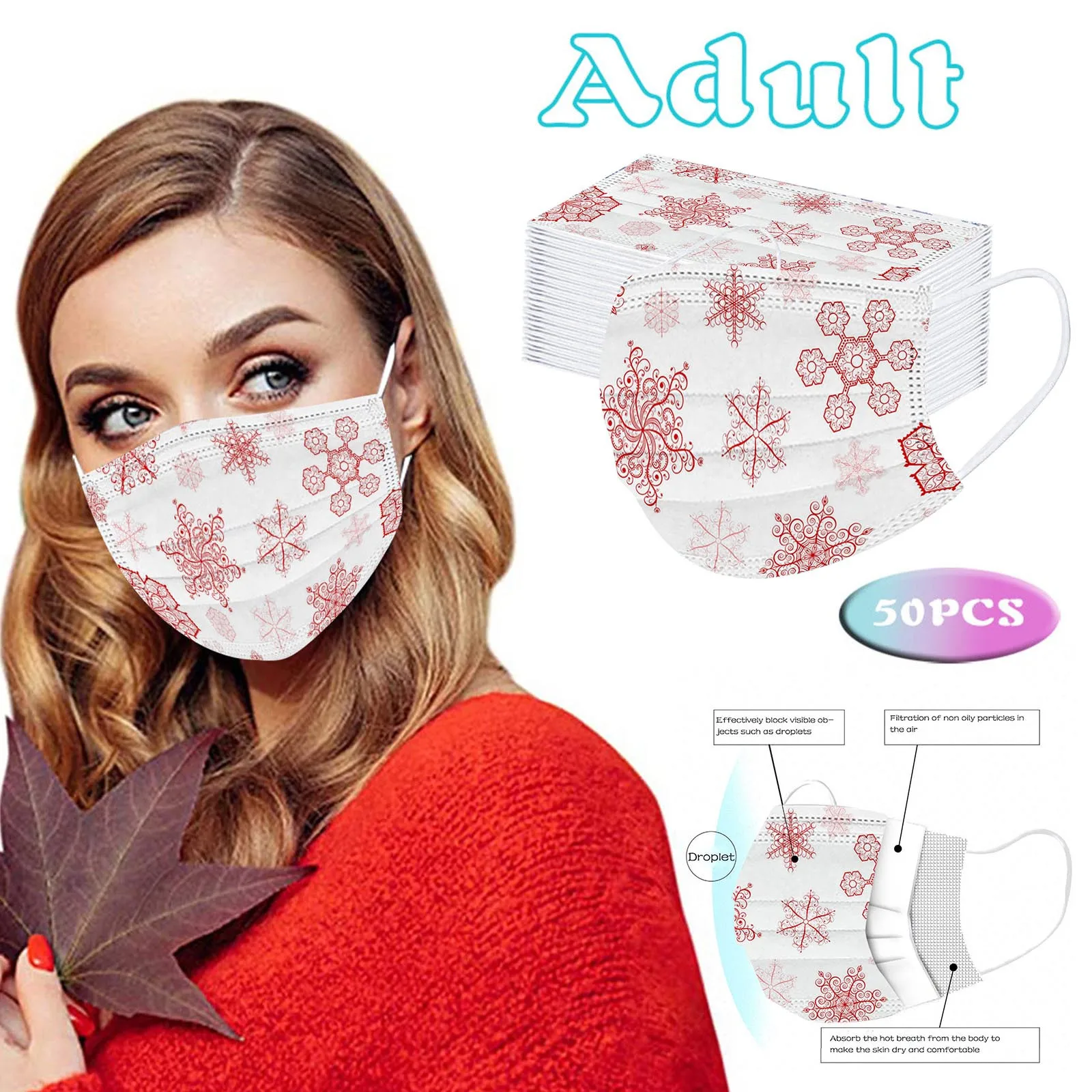 Маска для лица с разноцветным принтом снежинок взрослых одноразовая Защитная