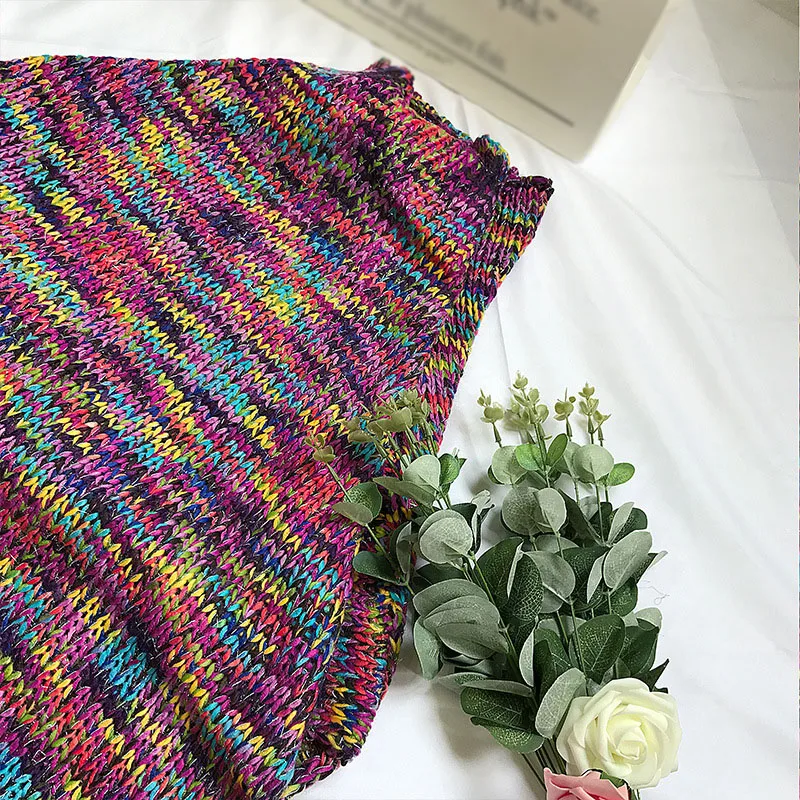 Rainbow Sweater Jacket female Fall/Winter Fashion Contrast Loose Warm Women Irregular Fringe Shawl Cape Cloak |