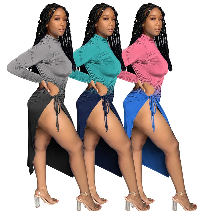 

Платье Imcute с градиентным принтом и длинным рукавом, Осеннее женское платье на шнуровке с высоким воротником и Боковым Разрезом, лоскутное п...