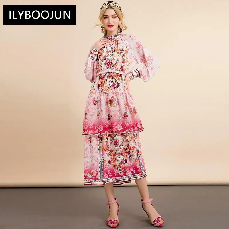 

2021 Fashion Designer Autumn Dress Women's Lantern Sleeve High waist Flower print Long Vacation Elegant Dress
