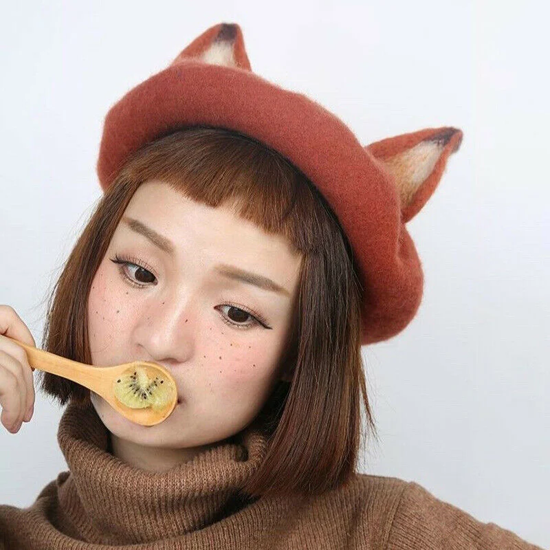 Women Cats Ear Wool Felt Beret Cap Cute Warm Painter Hat Christmas Winter IK88 | Аксессуары для одежды