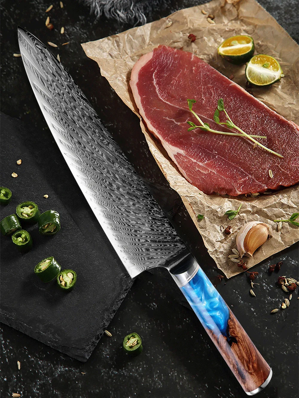 Набор ножей из дамасской стали Chef's Nakiri 67 слоев японского Дамасского шеф-повара