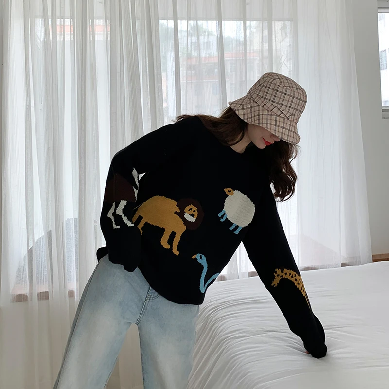 Mooirue Осенний Повседневный вязаный свитер Забавный мультяшный принт с животными