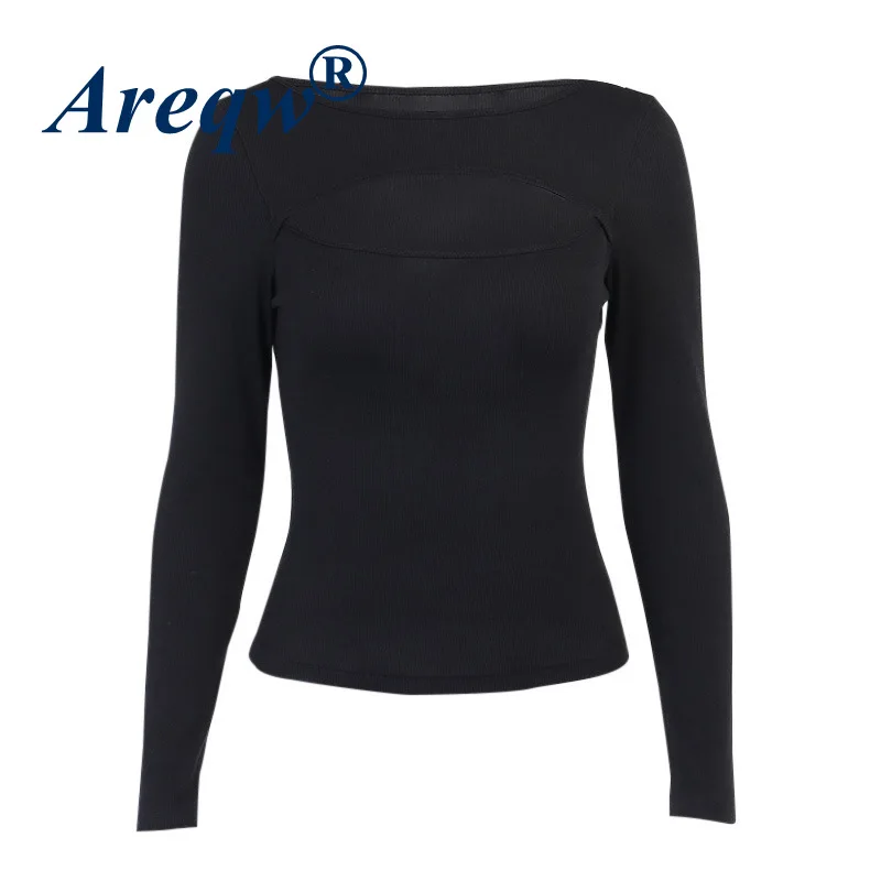 

Sexy Chest Hollow Long-sleeved Ribbed Top Women's Fashion Sexy Breast Display New