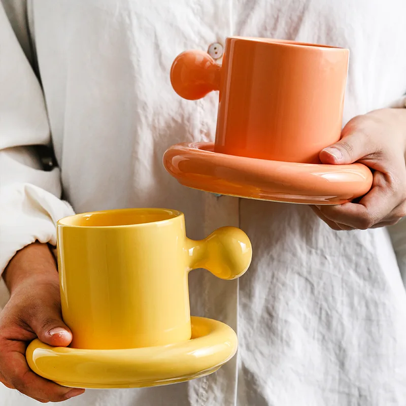

Ceramic Mug with Saucer Creative Cute Home Decoration Combination Breakfast Cup Coffee Cup Coffee Mugs with Tray Ins Ball Handle