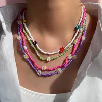 korean candy color bead flower choker necklace for women colorful acrylic rice beads strand clavicle necklaces sweet jewelry new