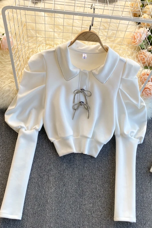 

ZCSMLL Temperament lapel puff sleeve shirt Korean version of the spring 2021 new elastic waist thin temperament shirt women