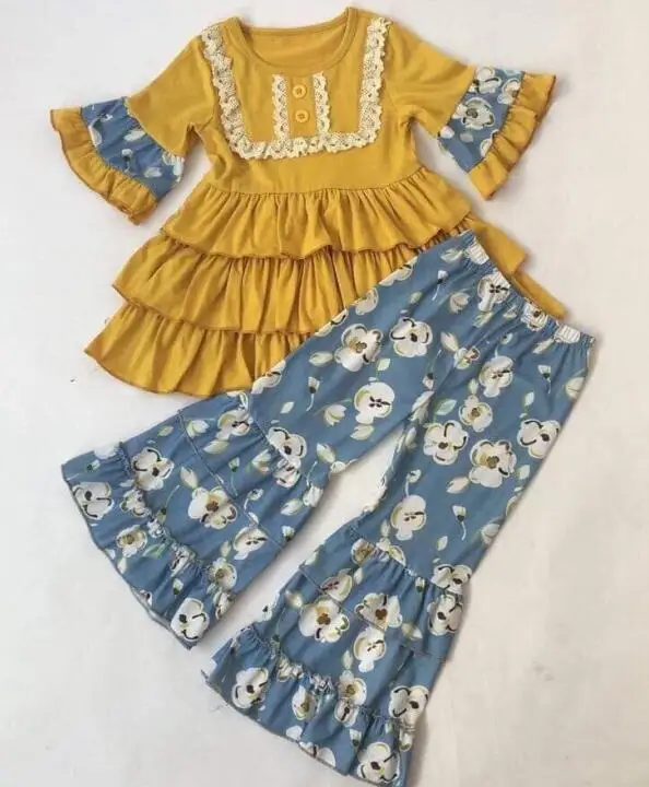 Осенняя Новинка желтая Однотонная рубашка + синие маленькие цветочные