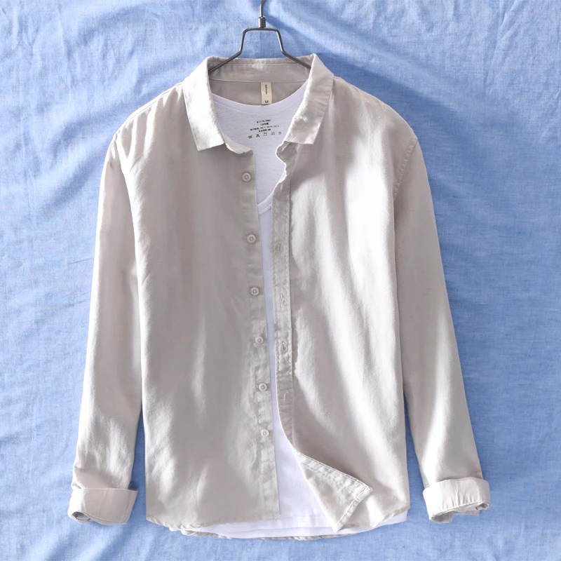 Новые дизайнерские рубашки с длинным рукавом мужские брендовые льняные серы