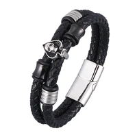 trendy black double braided leather rope chain spades skull bracelet men stainless steel male bangles wrist jewelry gift sp0936