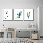 Набор из 3 птичьих перьев, набор из 3 синих зеленых художественных принтов, перья колибри и бабочки, акварельная живопись