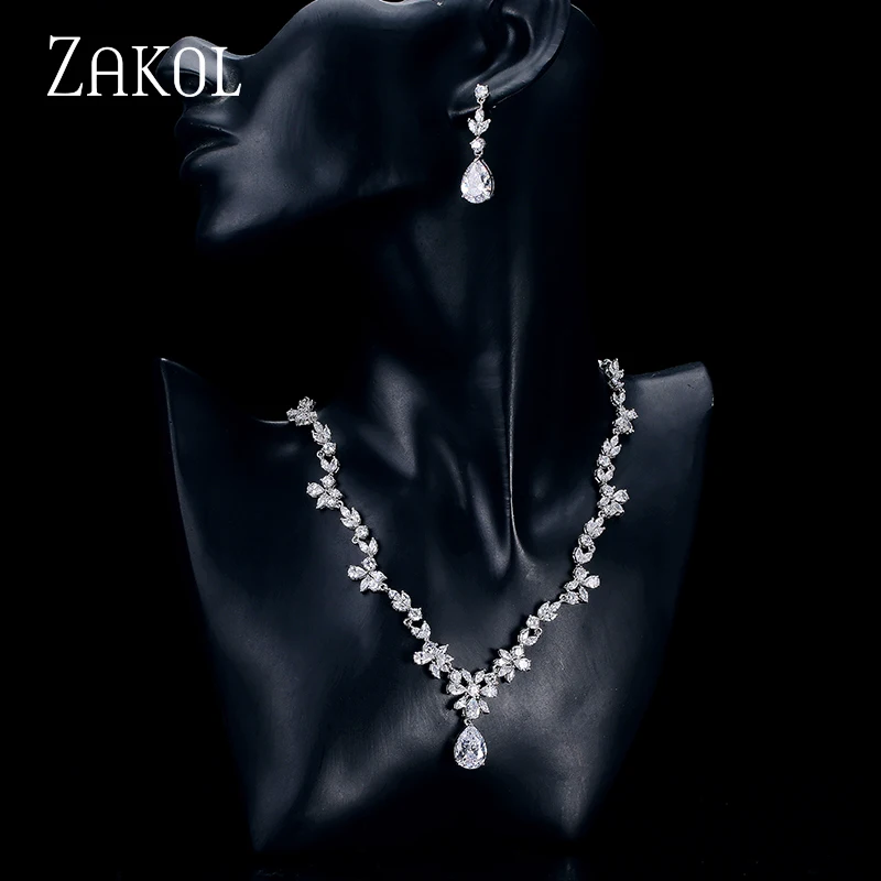 ZAKOL, модный набор, цветок, кубический цирконий, кристалл, женские серьги, ожерелье, набор для невесты, Свадебный костюм, ювелирный набор, FSSP010