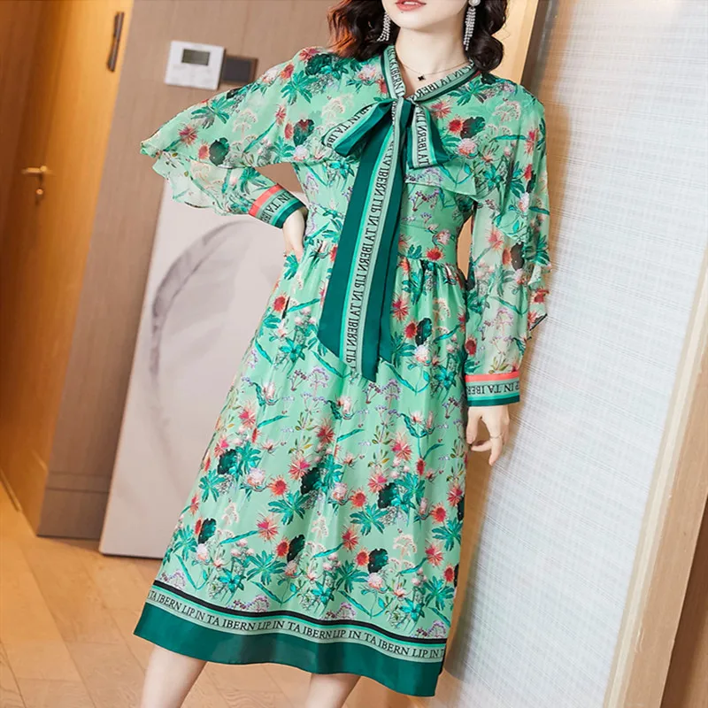 2020 spring new large size Dresses Women female temperament lotus leaf sleeve stitching floral silk print dress long | Женская одежда