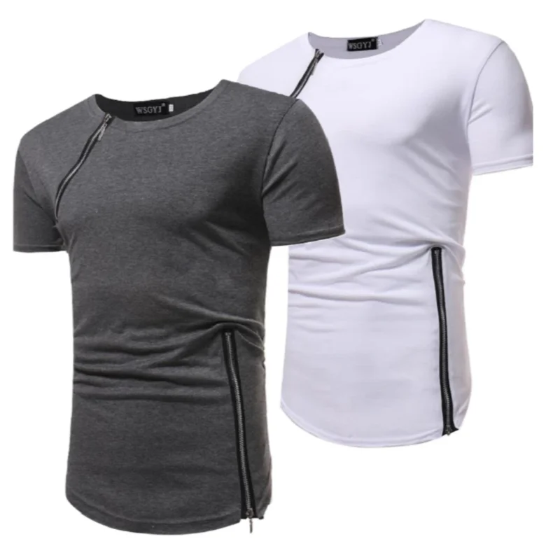 Новая европейская Мужская мода молния панель сплошной тонкий короткий рукав