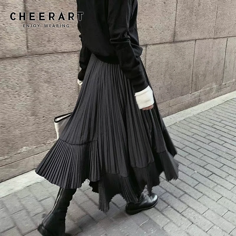 CHEERART серая черная длинная Плиссированная юбка для женщин с завышенной талией Асимметричная юбка с оборками Осенняя юбка миди Готическая