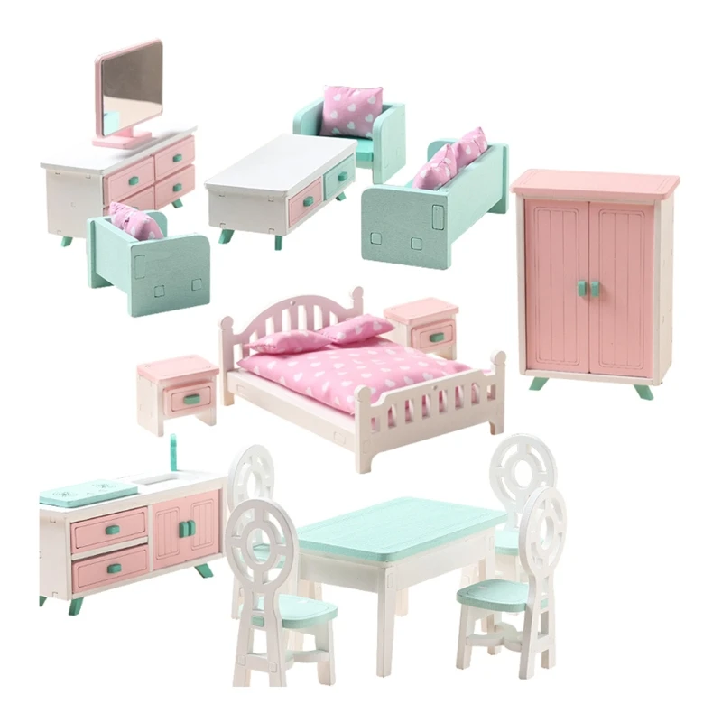 

Play House Toys Wooden Mini Bedroom Living Room Dining Room Educational Toys