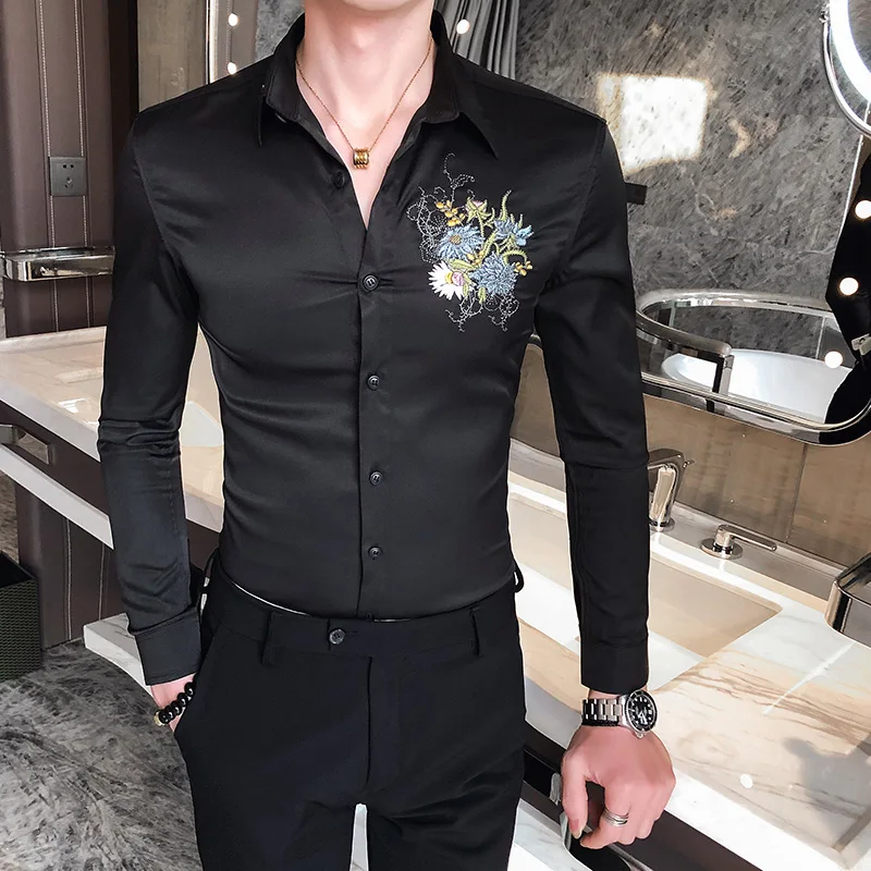 

New Fashion Young Mens Casual Shirts Black White Long-sleeved Lapel Shirt Men Printed Tops