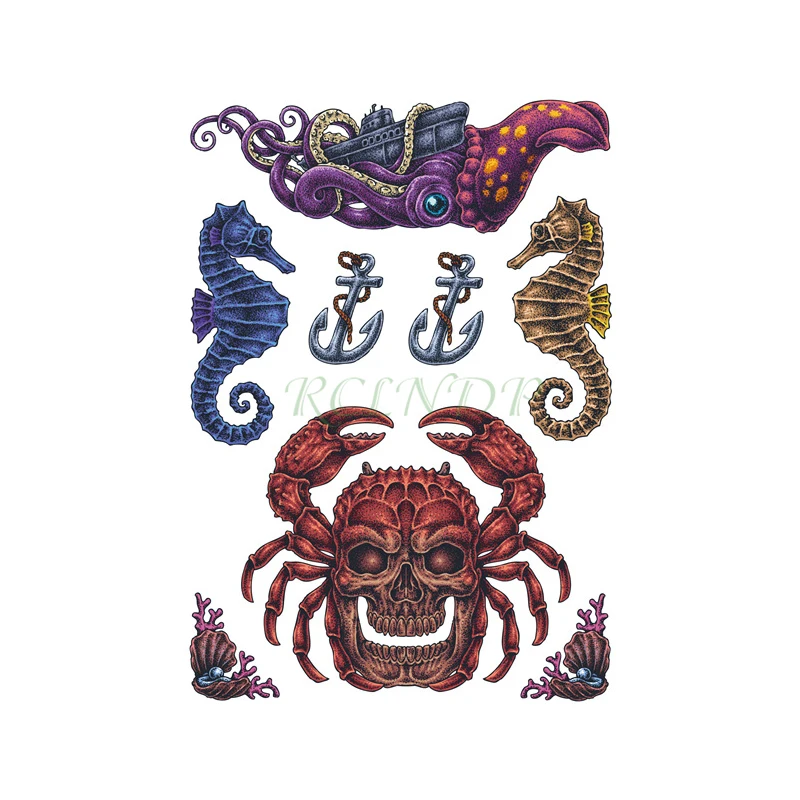 Waterproof Temporary Tattoo Sticker Octopus Boat Seahorse Skull Crab Anchor Shell Flash Tatoo Fake Tatto Art for Men Women | Красота и