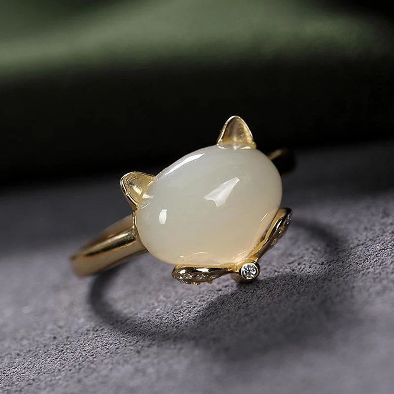 

Original New Silver Diamond Natural Hetian White Jade Chinese Retro Charm Fox Women Open Adjustable Ring