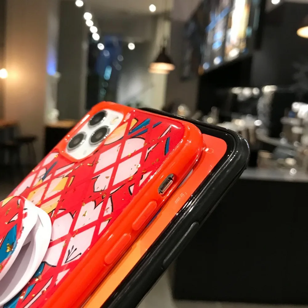 

Large Plaid Black and Red Flower Pattern with Bracket for Iphone 11 Pro X XR XS Max 7 8 Plus Fully Wrapped Glitter Powder Shell