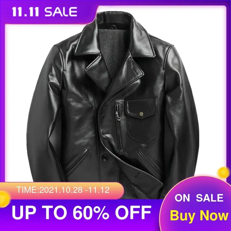 

2021 Black Japan Casual Style Genuine Leather Jacket Men Plus Size 3XL Diagonal zipper Real Natural Cowhide Autumn Short Coat
