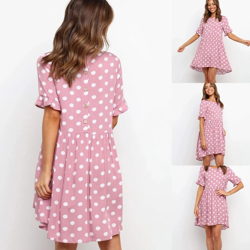 

Women Short Ruffle Sleeve Swing Mini Dress Polka Dot Printing Round Neck Loose Fit Summer Casual Beach Sundress