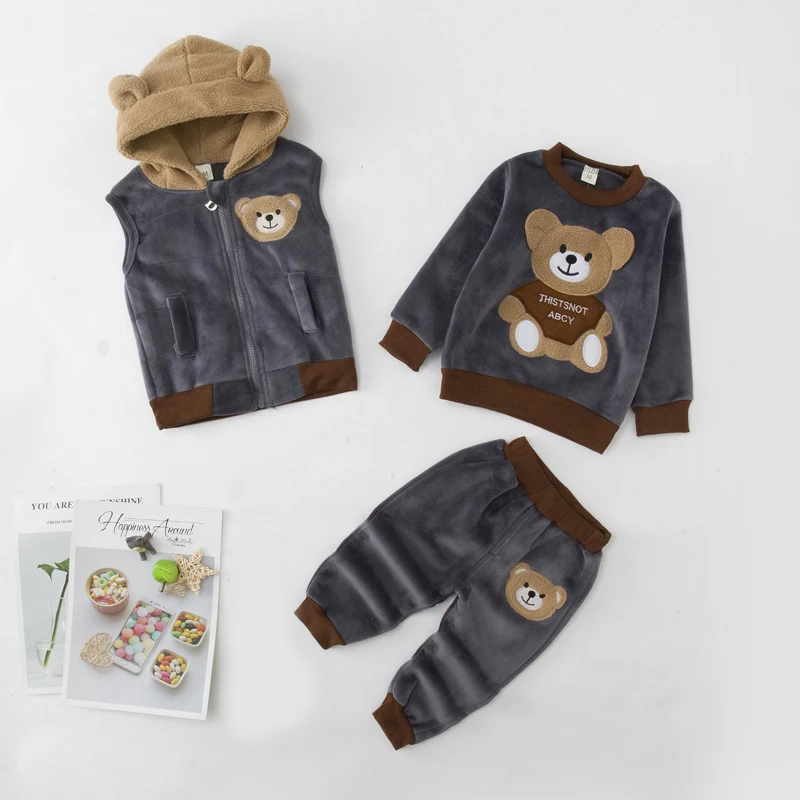 

Children's Clothing 2021 Winter New Girls Clothes Suit For Boy 3ps Kids Clothing Thickened Cashmere Hat Cartoon Bear Sports Set