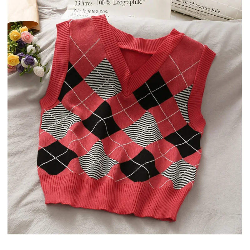 Красный винтажный свитер с треугольным вырезом жилет Женская майка без рукавов