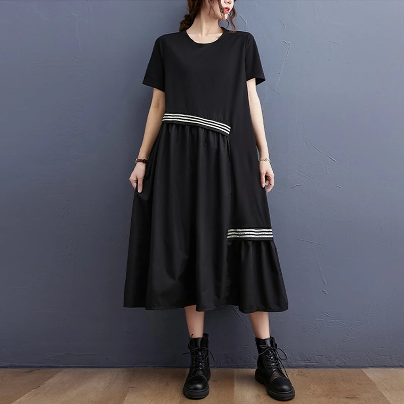 

Vestidos De Verano 2022 New Summer Fashion Print Runway Midi Dress Woman`s Black Short Sleeve Cotton Elgant Loose Dress Vestidos