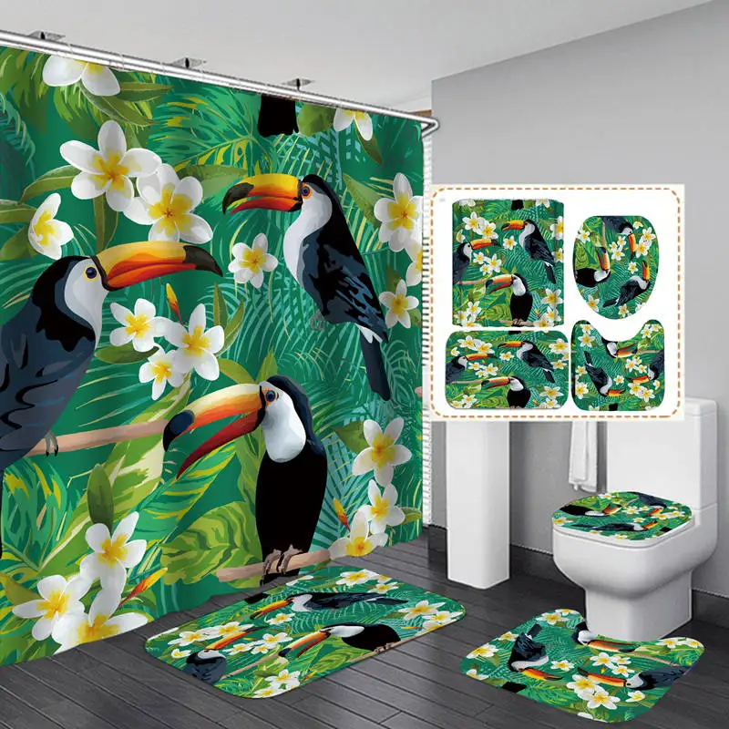 

Tropical Plants Parrot Polyester Fabric Shower Curtain Non-Slip Bath Mat Toilet Lid Cover Rugs Home Bathroom Decor Set