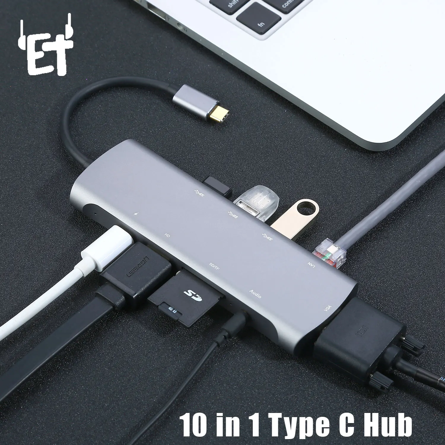ET USB C концентратор адаптер 9 портов для MacBook MateBook Type до USB3.0 * 3 + TF/SD HDMI VAG PD LAN аудио