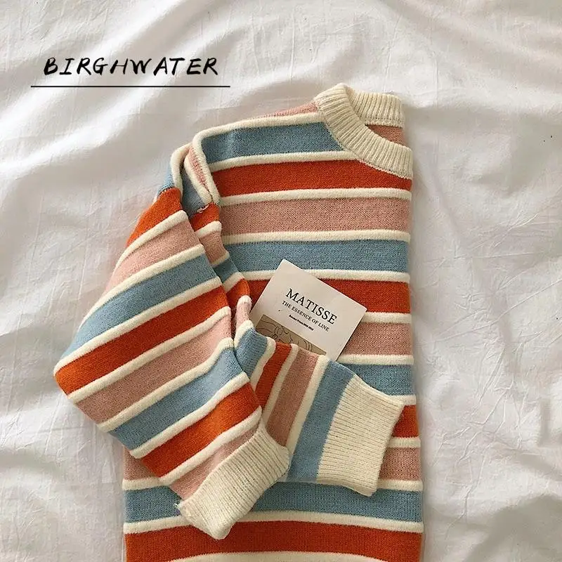 

New Women Stripe Sweater Autumn Winter Loose Long Sleeve Pullover Tops Korean Ladies Knitted Patchwork Korean Sweaters