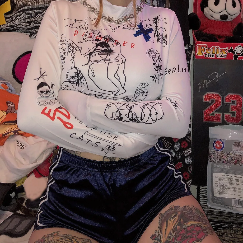 Харадзюку женская футболка с длинным рукавом и o-образным вырезом сексуальное