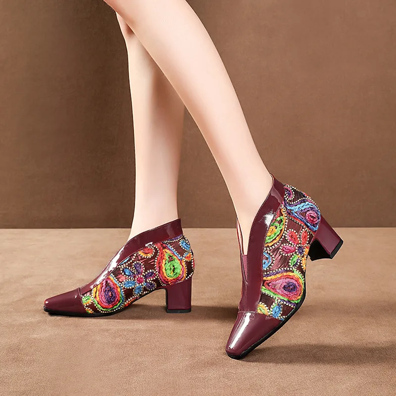 

ASUMER 2020 top quality genuine leather shoes women pumps embroider square toe Ethnic style high heels party wedding shoes woman