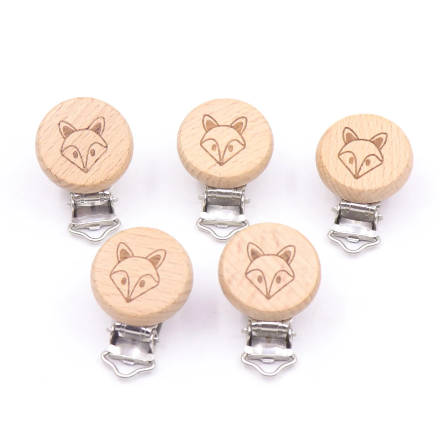 5 uds 5 Estilo encantador haya de madera Clip de animales de dibujos animados patr&oacute;n de idiota Cadena de chupete para beb&eacute; mordedor Clip para chupete Accesorios-1