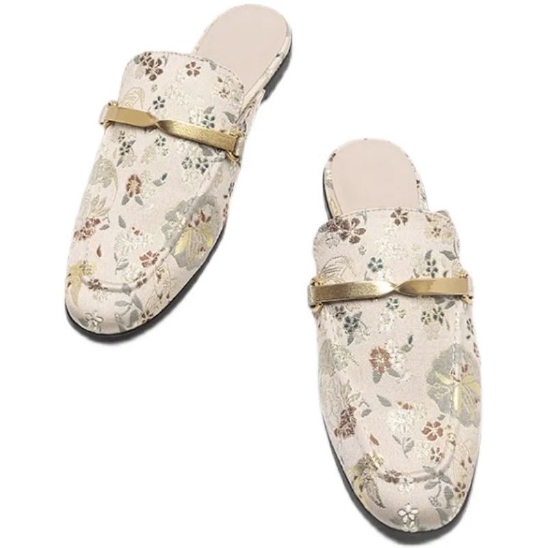 

Flat Shoes Female Woman's Slippers Cover Toe Slides Loafers Mules Sexy Fashion 2021 Summer Luxury Silk Rome Rubber PU Female Sho