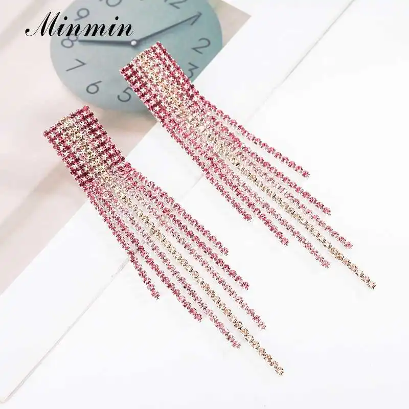 Pink Minmin цветная Длинная кисточка из горного хрусталя, серьги для женщин, сексуальные геометрические Висячие висячие серьги, модные вечерние ювелирные изделия для девочек EH1663 - Окраска металла: Pink