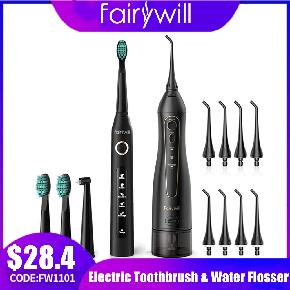 Escova de Dentes Usb à Prova Fairywill Sonic Elétrica Água Flosser Carga Dwaterproof 5 Modos 3 Cabeças Escova Escovas Dentes Mais Limpo &