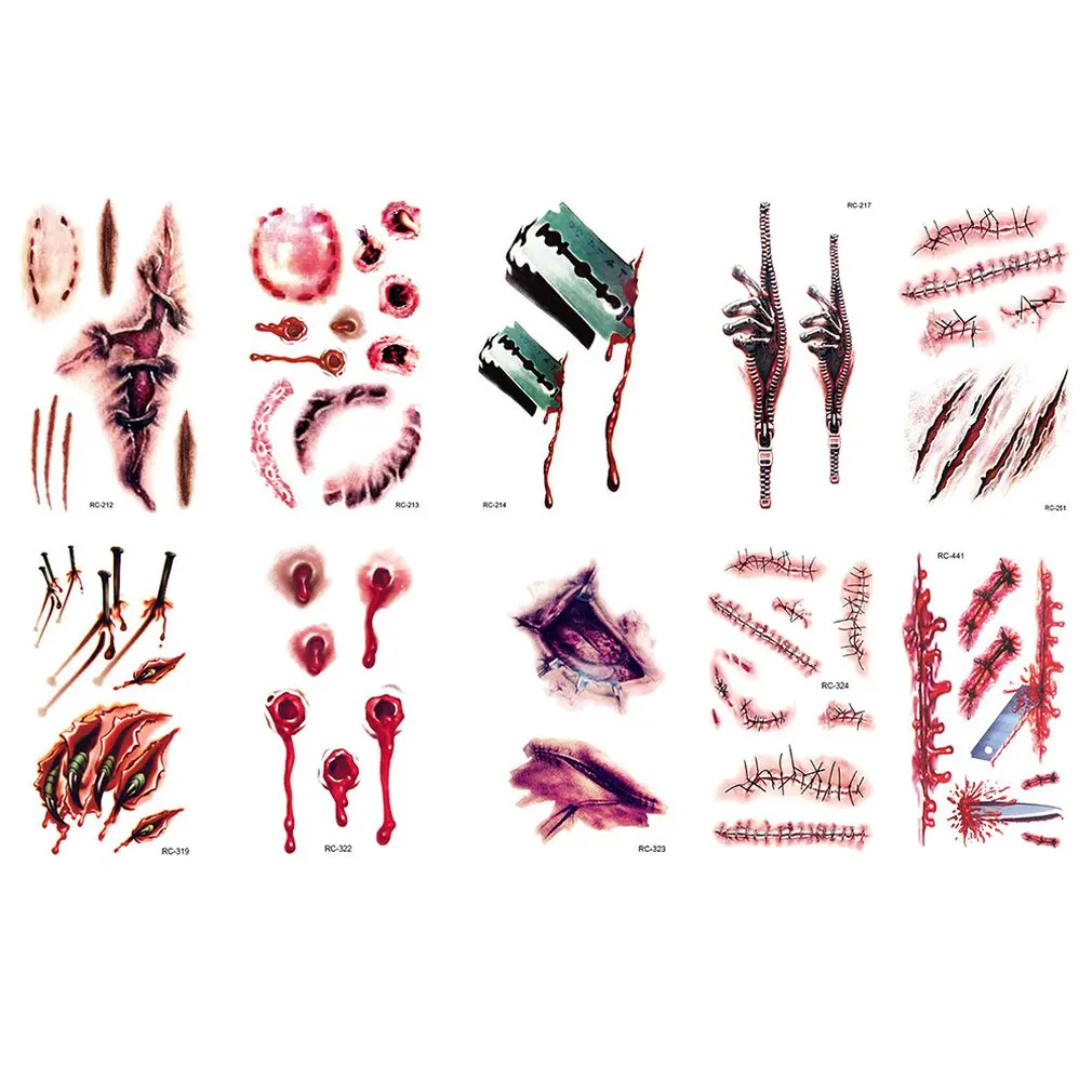 

Halloween Stickers Scar Tattoos Blood Sticker Realistic Fake Face Blood Wound Stitch Tattoo Waterproof Zombie Makeup Prank Props