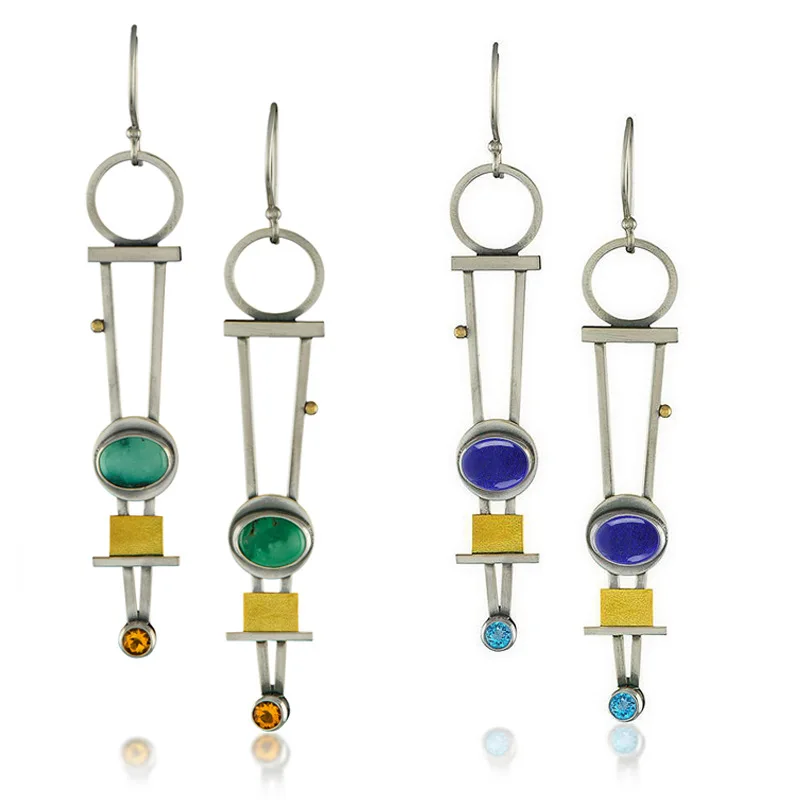 

2021 Robot Green Blue Stone Long Statement Earrings for Women Fashion Openwork Two Color Metal Drop Dangle Earrings Brincos