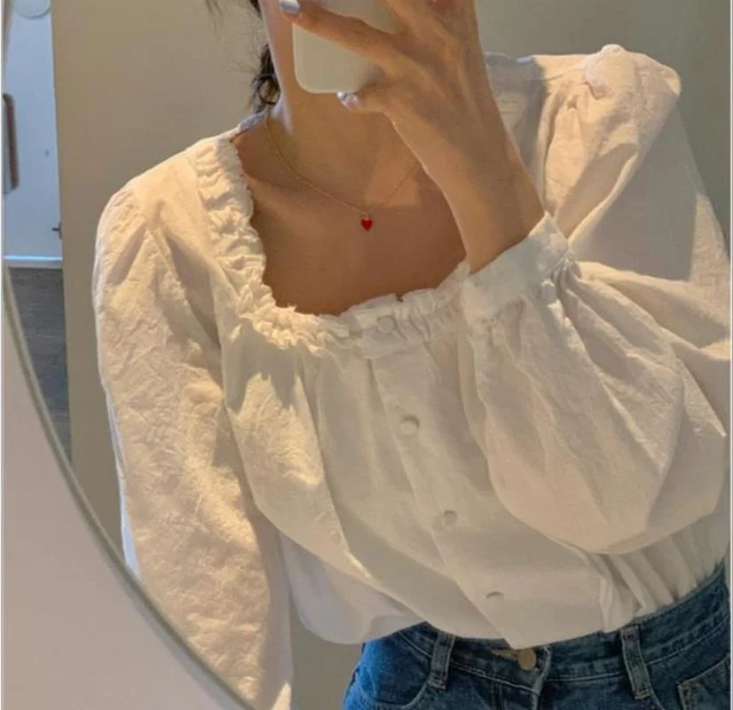 

2023 Spring Women Sexy Square Bare T-shirt Pullover Long Sleeve Solid Button Egirl Korean Chic Sweet Elegant Temperament Tops