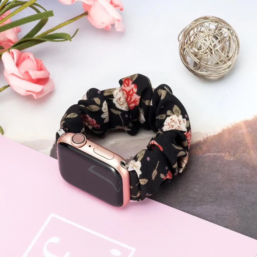 Printed Fabric Band for Apple Watch SE Scrunchies 42mm 40mm Women Rose Gold Elastic Strap 38mm 44mm for Apple Watch 6 5 4 3 2 1