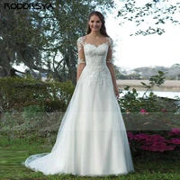 beautiful wedding dress organza a line gown with illusion half sleeves and lace appliques custom made bridal dresses