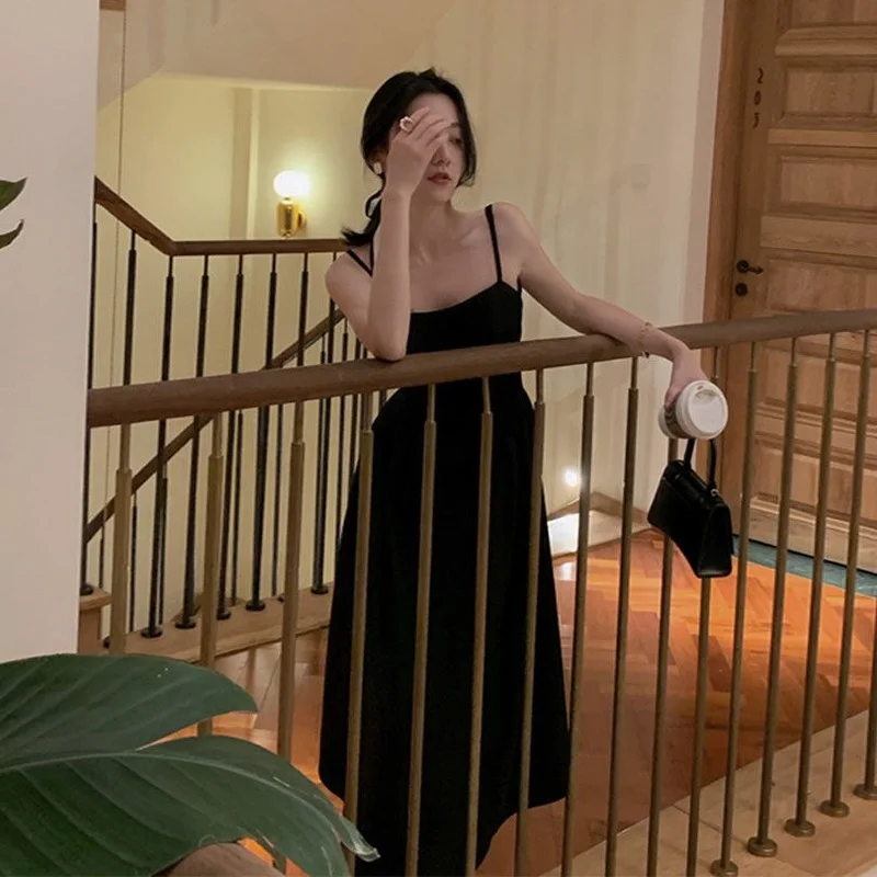 

Solid Elegant Dress Women Sleeveless Strap Dress Fairy Evening Party Dress for Females Korean Style Office Lady 2021 Summer Chic