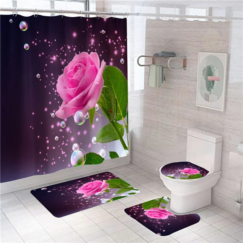 3d blue red pink rose print shower curtain set bathroom bathing screen anti slip toilet lid cover carpet rugs kitchen home decor free global shipping