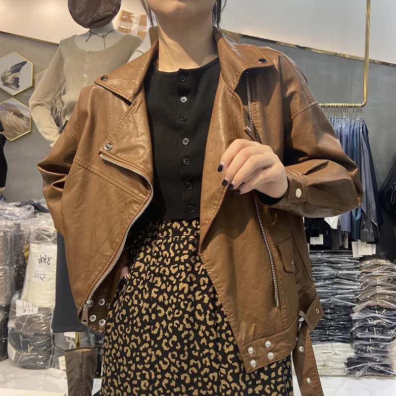 

Black Women Short Faux Leather Coat With Belt Casual 2021 Autumn Loose Pu Motorcycle Biker Punk Leather Jacket Female Outerwear