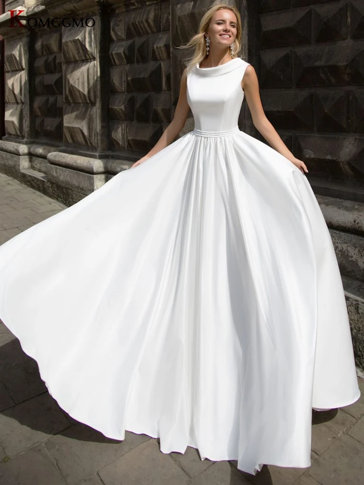 

Женское свадебное платье без рукавов, Элегантное Атласное Бальное Платье с круглым вырезом и шлейфом, со шнуровкой сзади, выполненное на за...