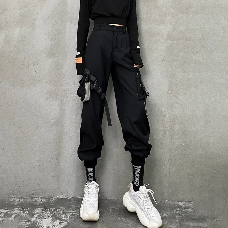 

[EAM] High Elastic Waist Black Pocket Split Long Harem Trousers New Loose Fit Pants Women Fashion Tide Spring Autumn 2021 1DC909